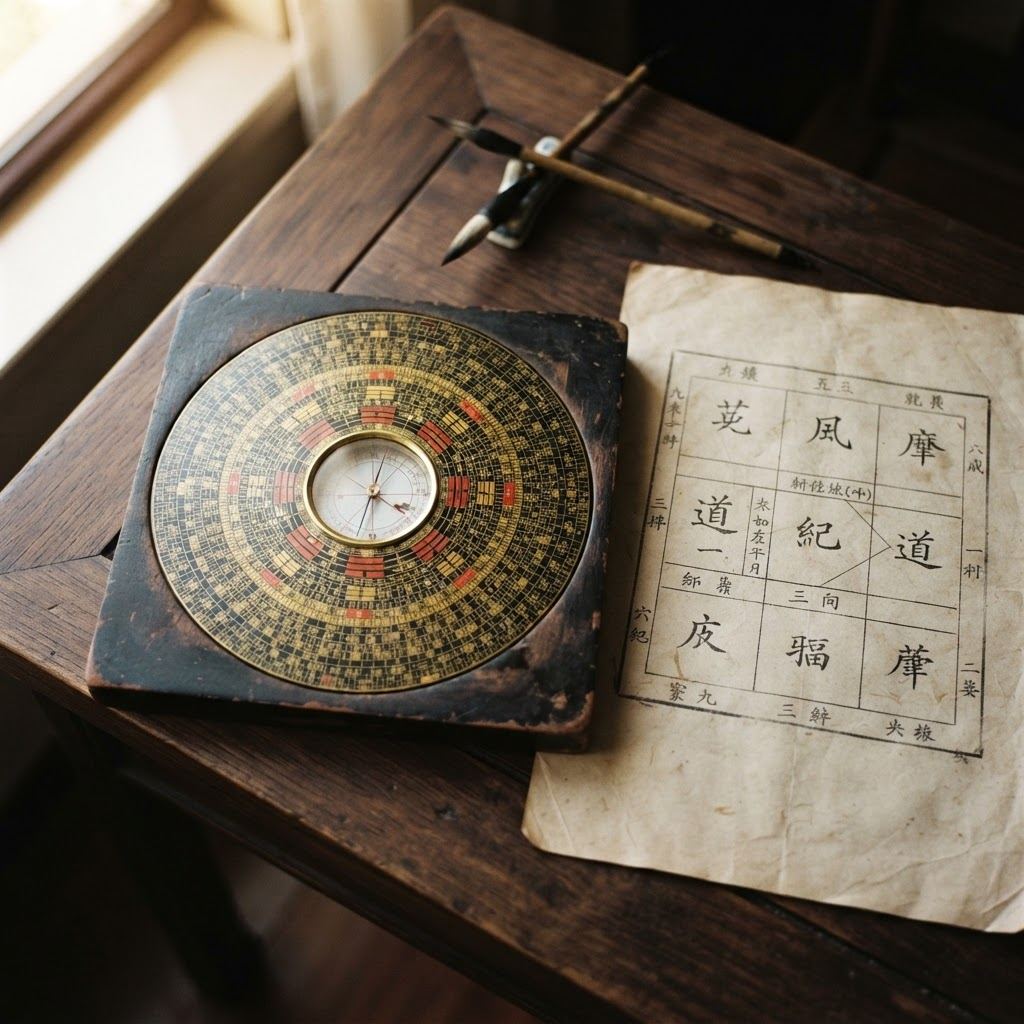 A luopan compass beside a nine-palace chart on a desk