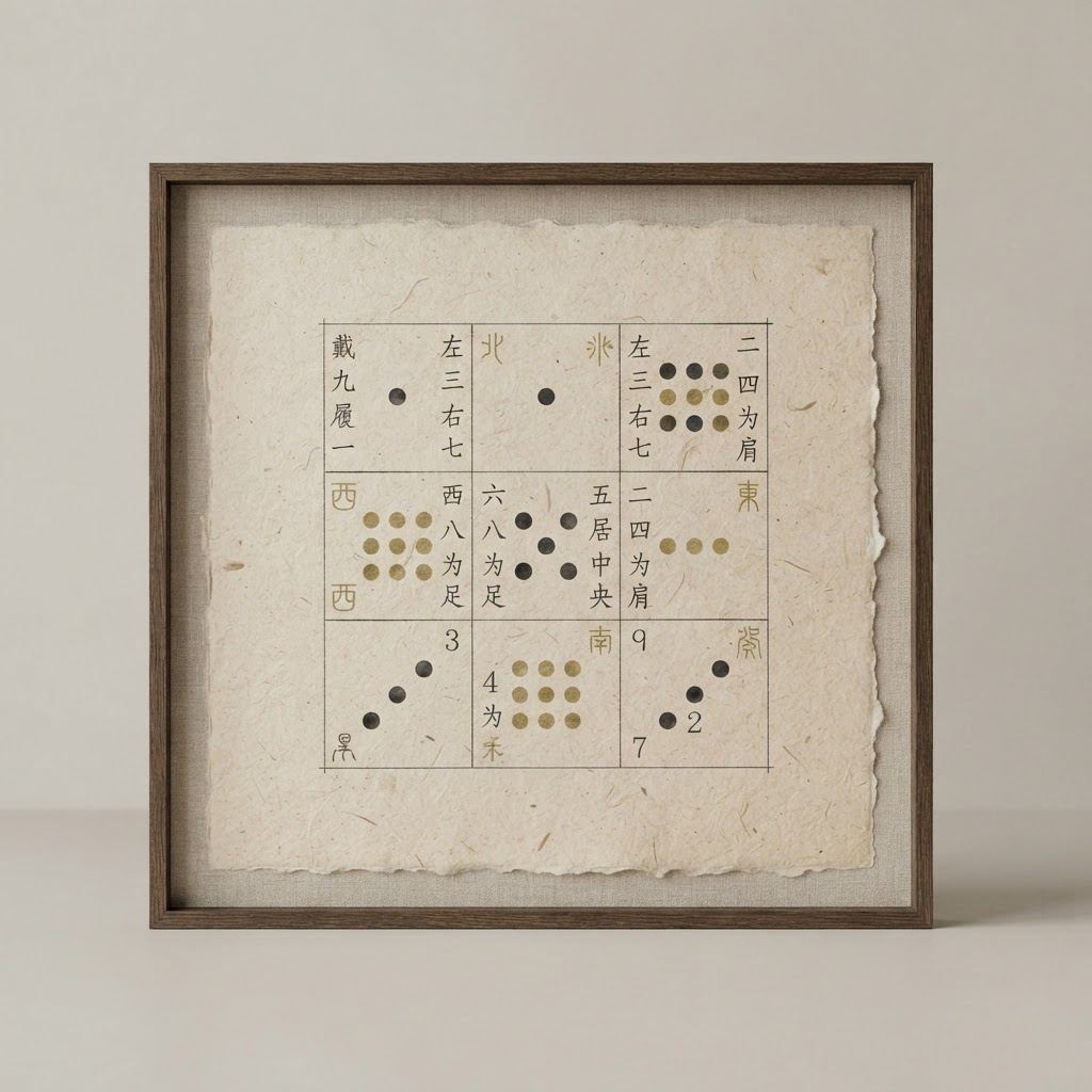 Abstract ink and gold artwork of the nine-palace Luoshu grid